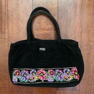 Bohemian Soft Fabric & Embroidery Bag, Black Chenille with Multicolored Flowers